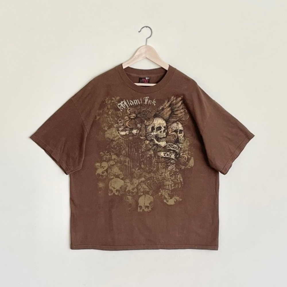 Vintage Y2K Miami Ink Tattoo Skull Wing Graphic Brown T Shirt Men’s size 2XL